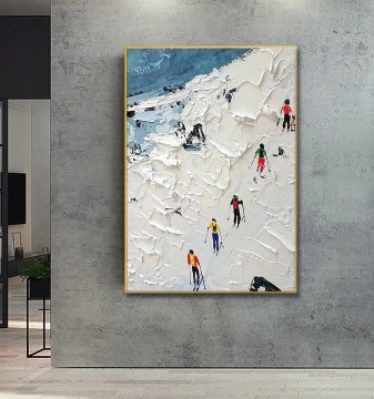 Skieur sur Montagne enneigée art mural Sport Noir Décor de salle de ski de neige par Couteau 07 Peinture à l'huile